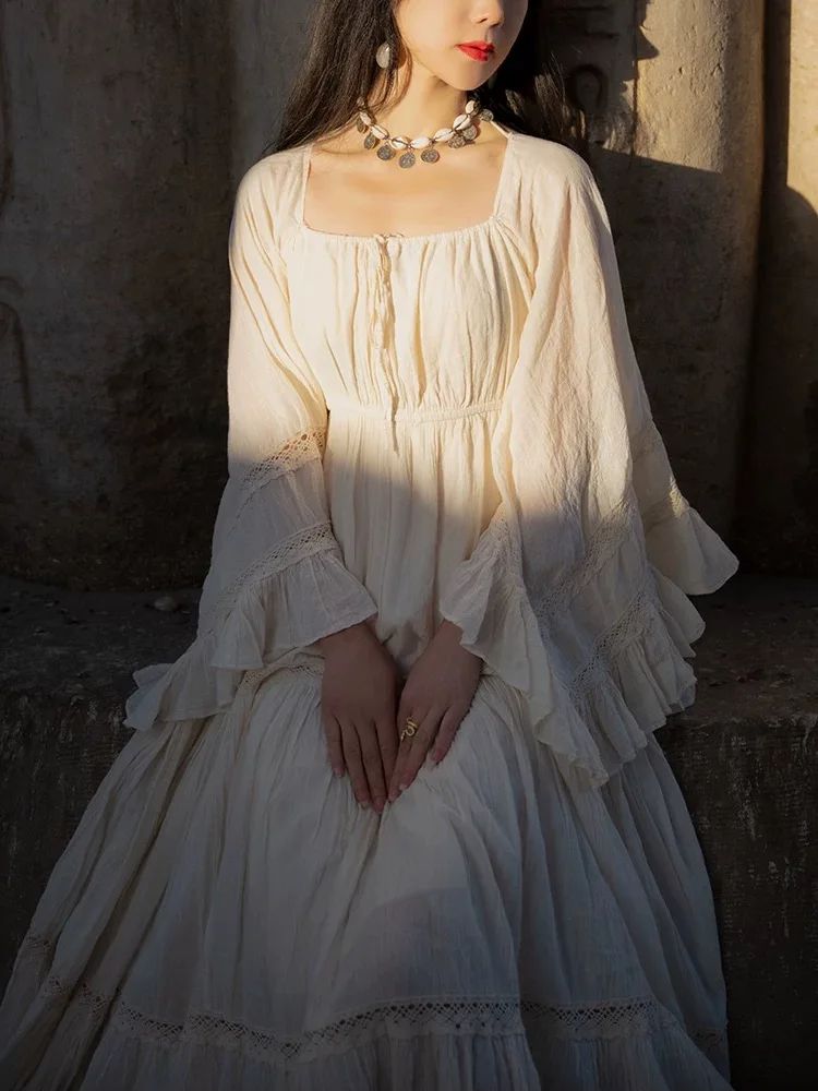Vintage médiéval Cottagecore robe femme rétro Style français dentelle manches évasées volants longues robes Maxi pour les vacances