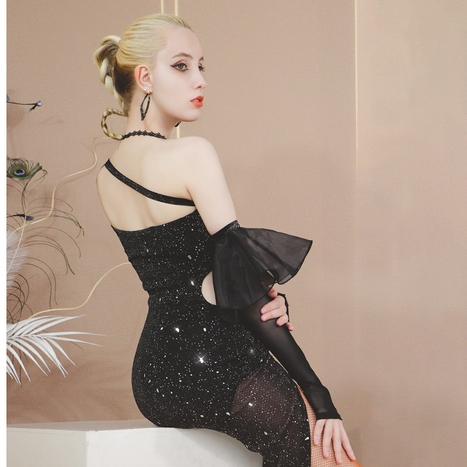 Robe de danse latine en maille noire, Patchwork, Sexy, dos nu, scintillante, Costume de performance sur scène, danse de salle de bal, ChaCha Rumba, vêtements de danse
