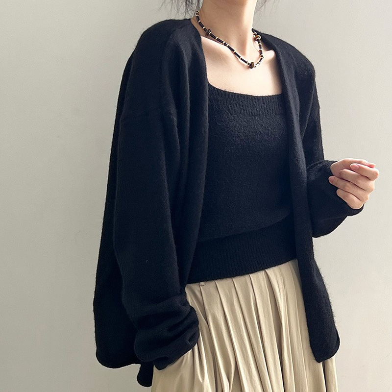 Ensemble cardigan et débardeur en tricot uni style coréen pour femme – Pull décontracté à épaules tombantes, vêtement d'extérieur doux et ample pour l'automne et l'hiver