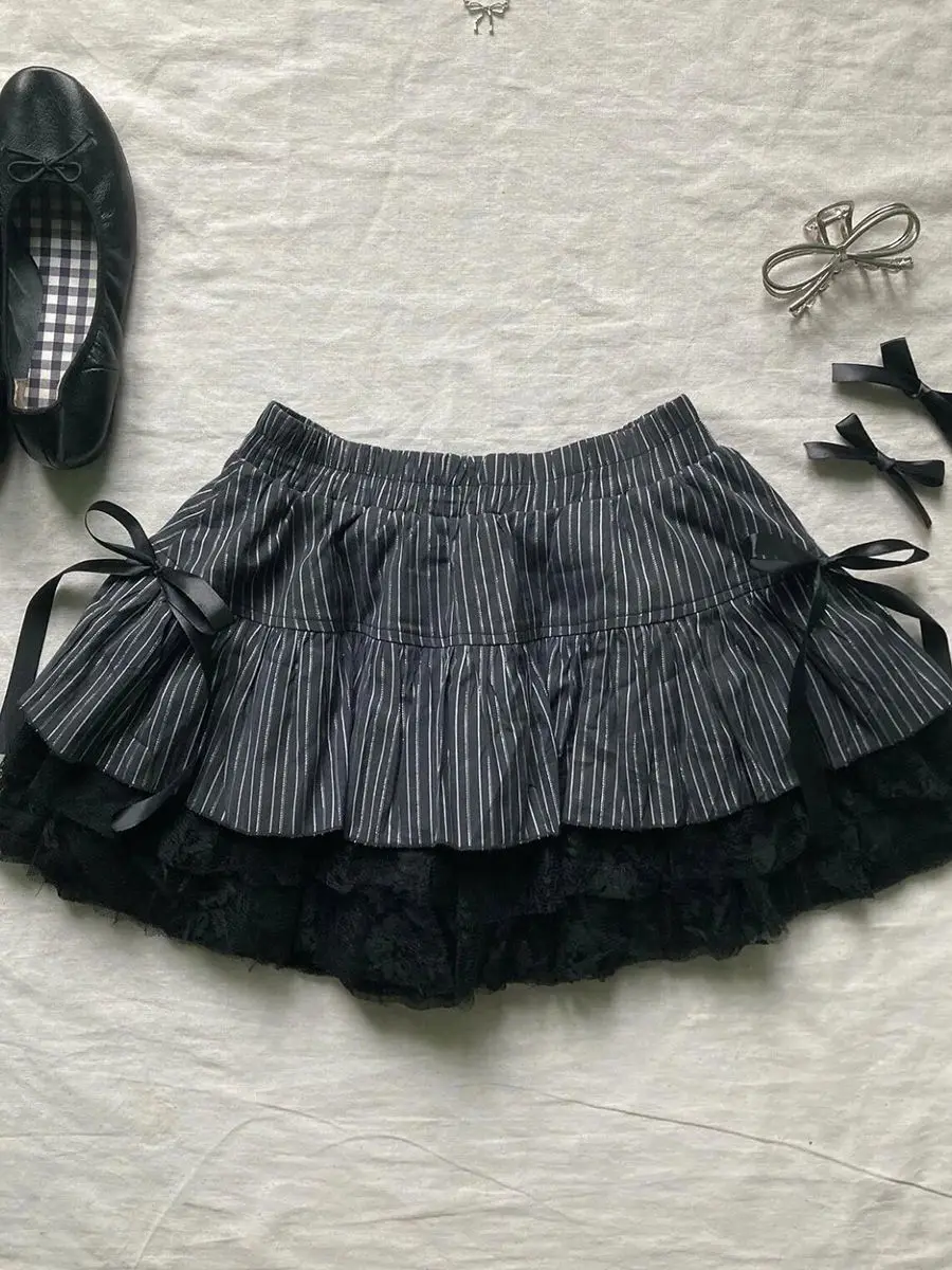 Punk Y2k jupes femmes vêtements Goth Sexy Ropa esthétique rayure taille haute dentelle nœud MIni jupes Grunge Emo fille 2000s jupe courte