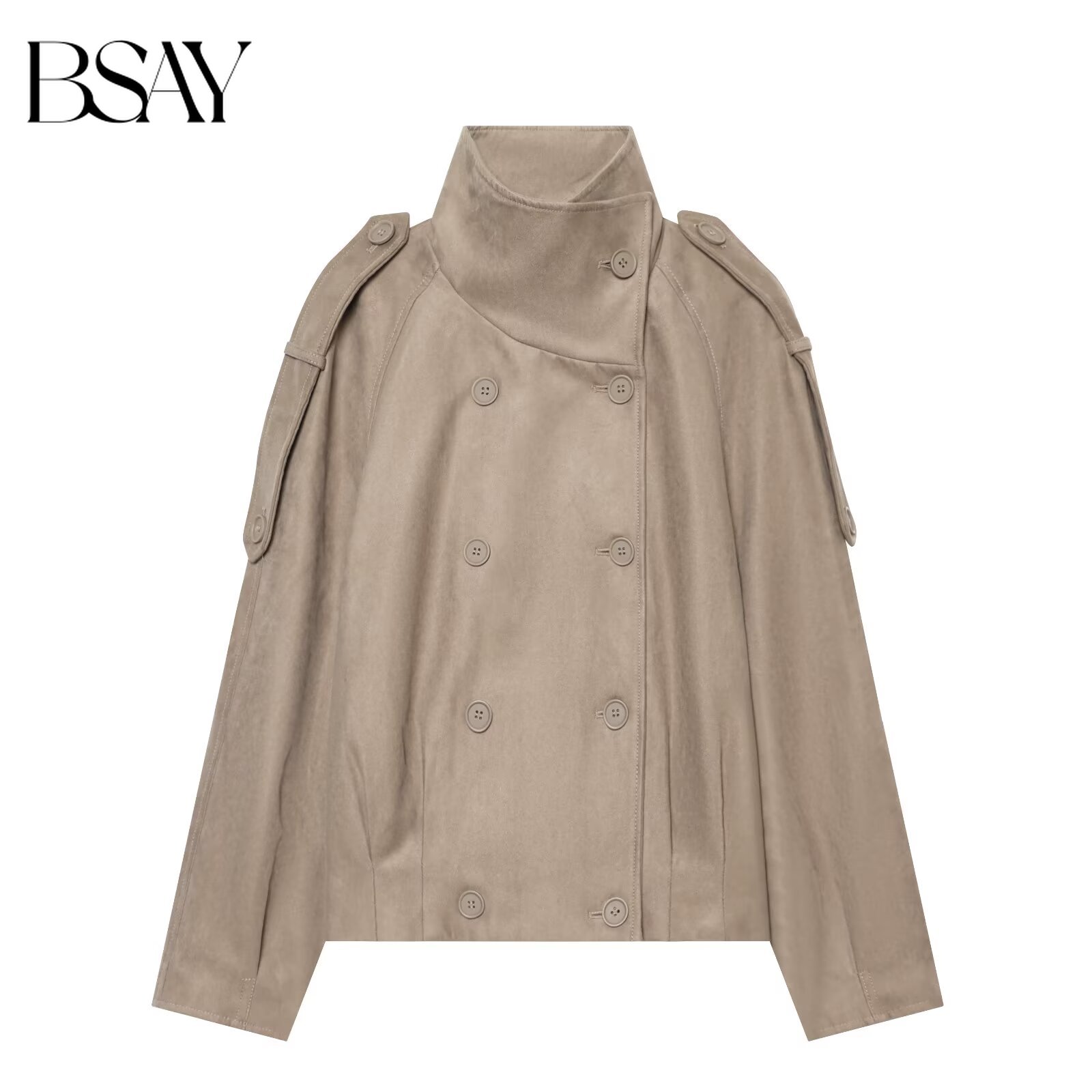 BSAY 2026 Manteau Trench Court Femme Automne à Double Boutonnage, Col Montant, Épaulettes, Manches Longues, Coupe Ajustée
