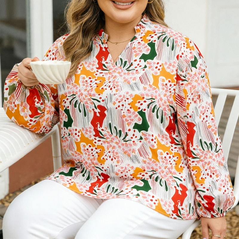Chemise pour femmes grandes tailles, imprimé floral abstrait, col en V, haut à manches longues à volants, coupe ample, convient à un usage quotidien