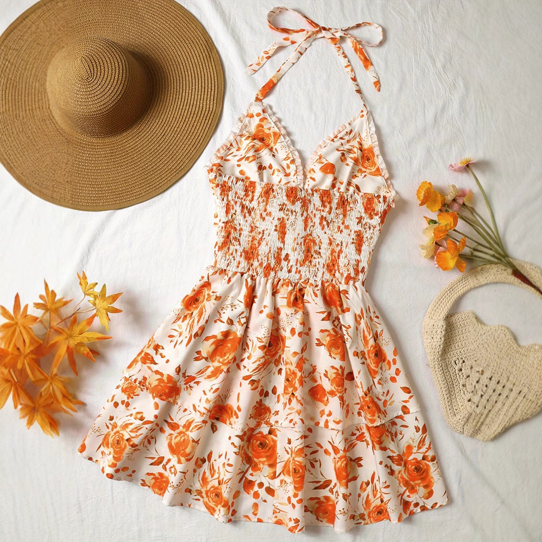 Robe d'été vintage à imprimé floral, style tunique à lacets et volants, mini-robe de plage pour femme, motif rose, XXYL-559