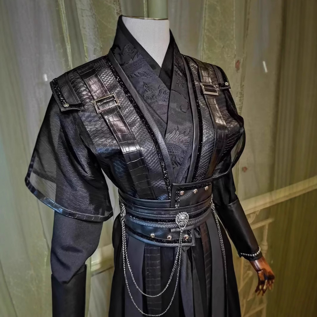 Costume traditionnel chinois Hanfu noir gothique foncé pour homme, tenue de cosplay moderne, costume de scène d'épée