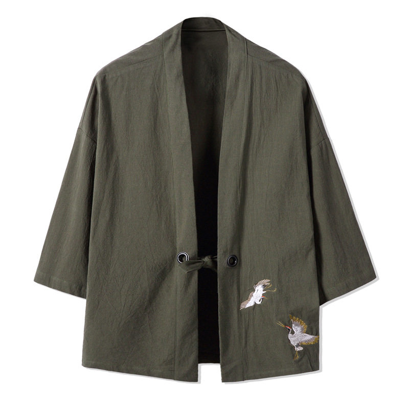 Robe longue en lin de style chinois pour hommes, kimono d'été, cardigan ethnique, veste ouverte sur le devant, coupe ample, haut décontracté vintage FF6252