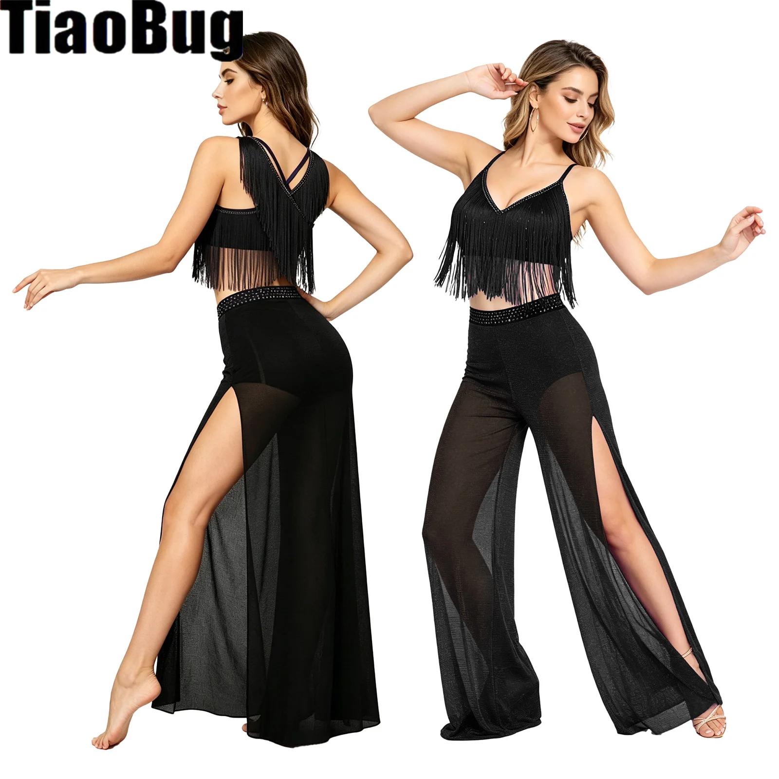 Tenue de danse moderne pour femmes, haut court à franges, col en V, sans manches, dos croisé, et pantalon large en maille avec slip