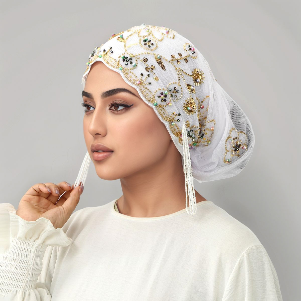 Chapeau de perles en dentelle musulmane, casquettes en tissu maille, Tube de perles associé à un fil de diamant acrylique, chapeau brodé pour femmes arabes de dubaï