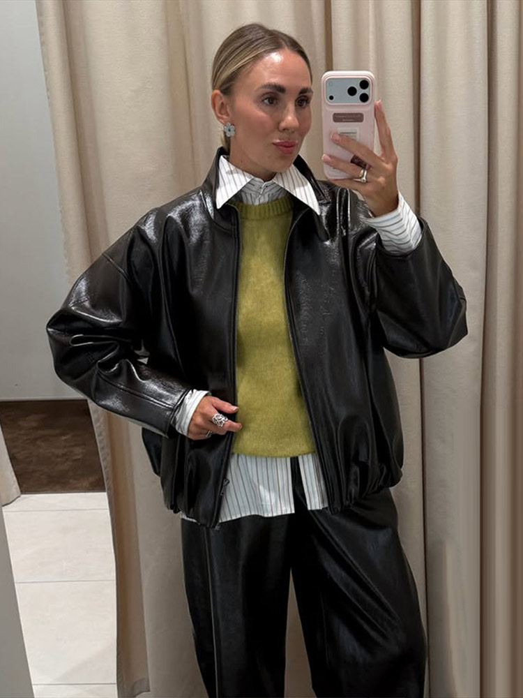 Ensemble 2 pièces pour femmes, veste zippée en simili cuir ciré brillant et jupe mi-longue fendue taille haute, ensemble assorti streetwear d'automne