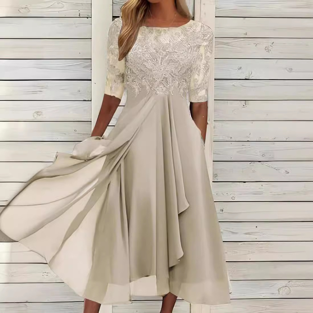 Robes de soirée en mousseline de soie pour femmes, style festif, avec patchwork et découpes en dentelle, pour mariages et demoiselles d'honneur, Vêtements pour femmes