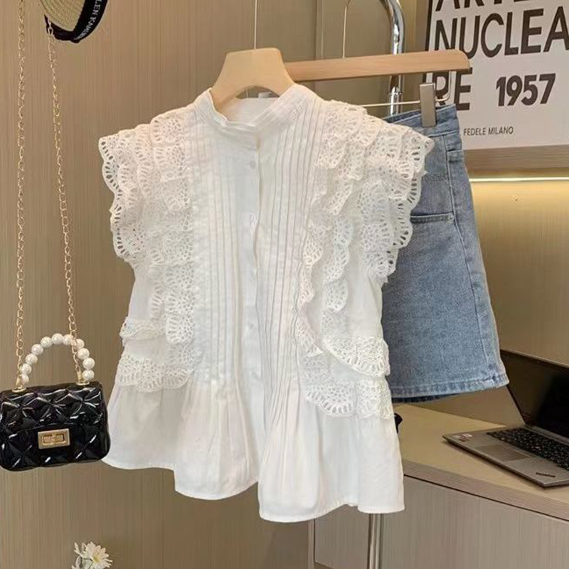 Mode manches volantes chemises blanches Vintage sans manches à volants dentelle Blouse pour femme femme élégant décontracté doux hauts 27709