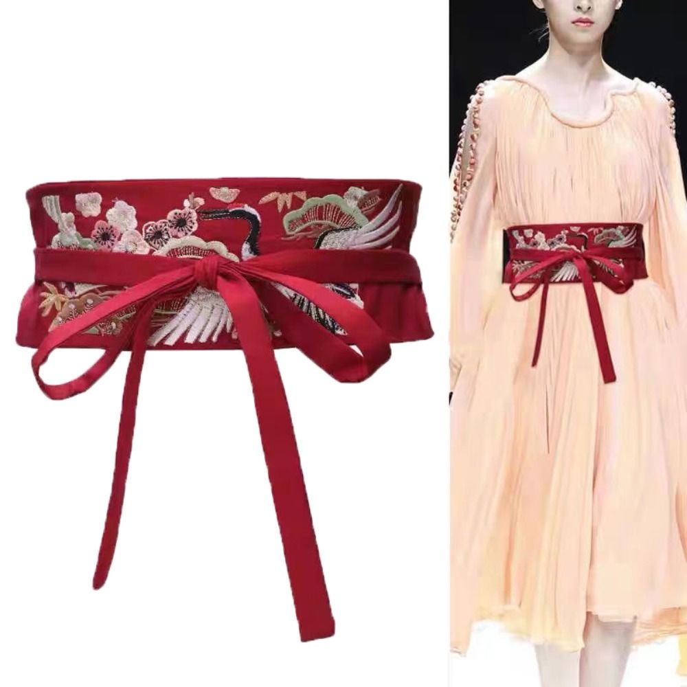 Ceinture large brodée style Hanfu pour femme, avec motif floral et corset, à nouer, pour robe