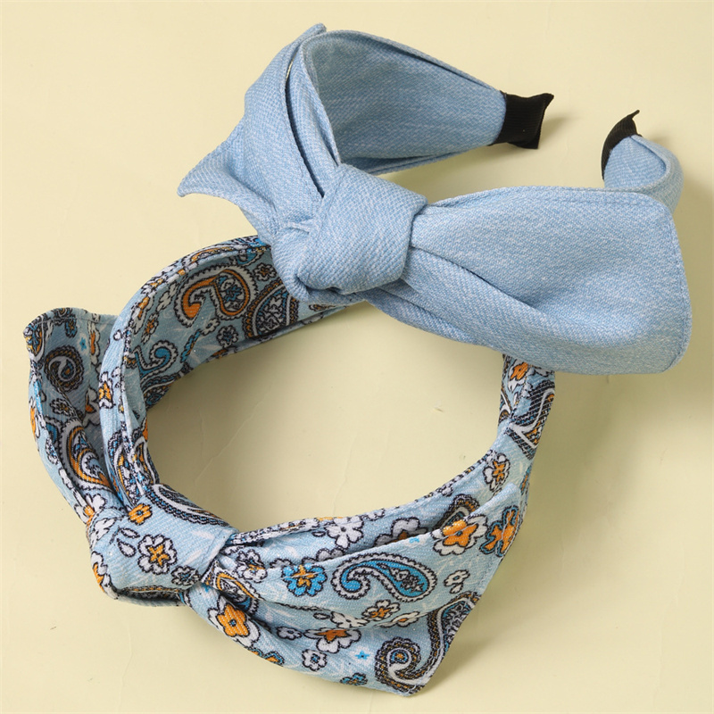 Serre-têtes en tissu denim imprimé cachemire vintage avec nœud pour femmes et jeunes filles, pour le quotidien, le shopping et les soirées