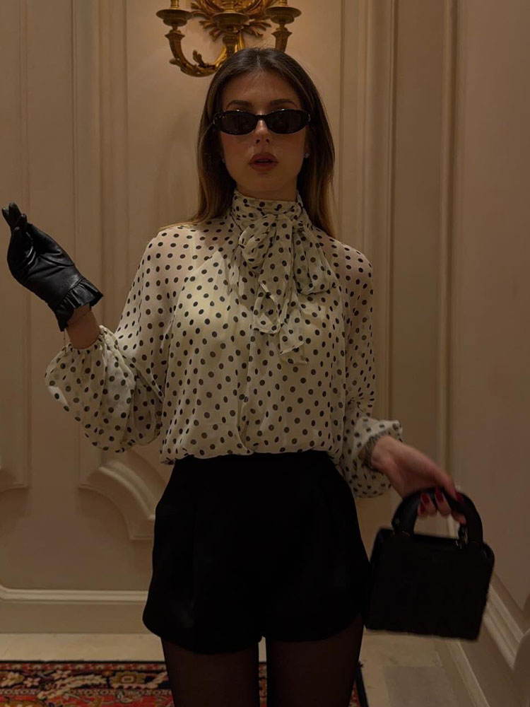 Chemisier à manches longues à col foulard polyvalent à pois, nouvelle collection printemps pour femme, style décontracté chic