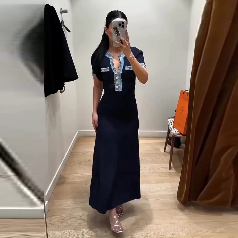 Robe longue pour femme, coupe ajustée, col en V, manches courtes, élégante, avec empiècements en jean, style Y2K, taille haute, été