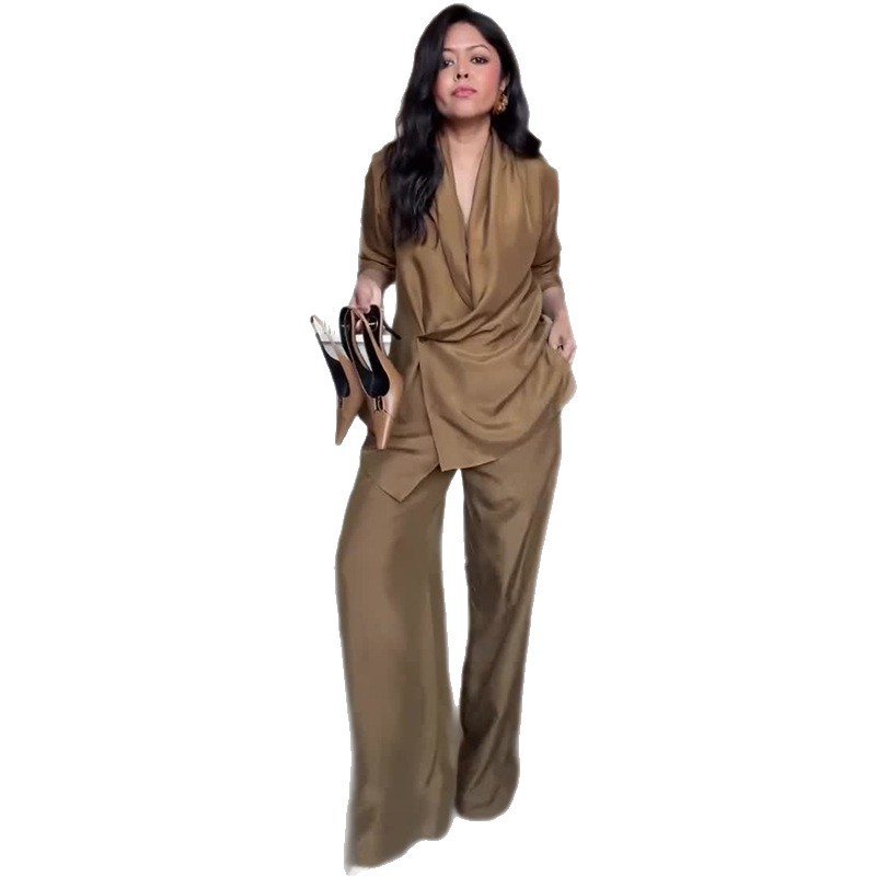 Femmes pantalons 2 pièces ensembles haut chemisier jambe large pantalon tenues plis col en V bouton bureau dame Ensemble femme 2025 automne costume