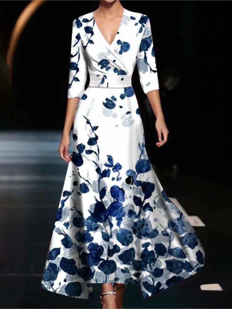 Robe à manches trois-quarts à col en V pour femmes, taille élégante, impression florale, robes décontractées pour femmes, printemps, automne, nouveau, à la mode