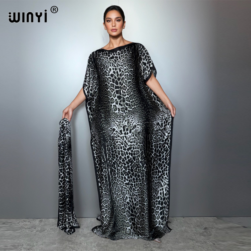 WINYI Robe traditionnelle africaine musulmane pour femme, Abaya Dubaï, Kaftan de luxe, Robe de soirée, Imprimé léopard, Robe longue, Tenue de plage