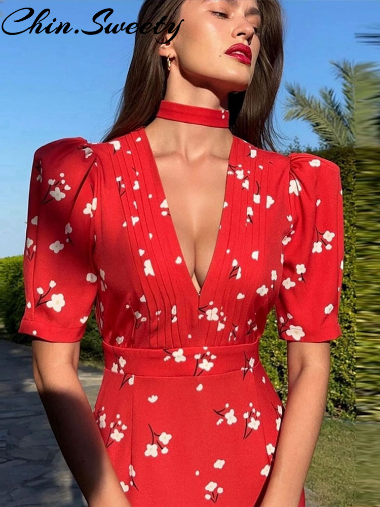 Robe imprimée urbaine pour femmes, décolleté en v profond, mode bouffante, manches courtes plissées, Empire, robes de soirée Chic, été, 2025