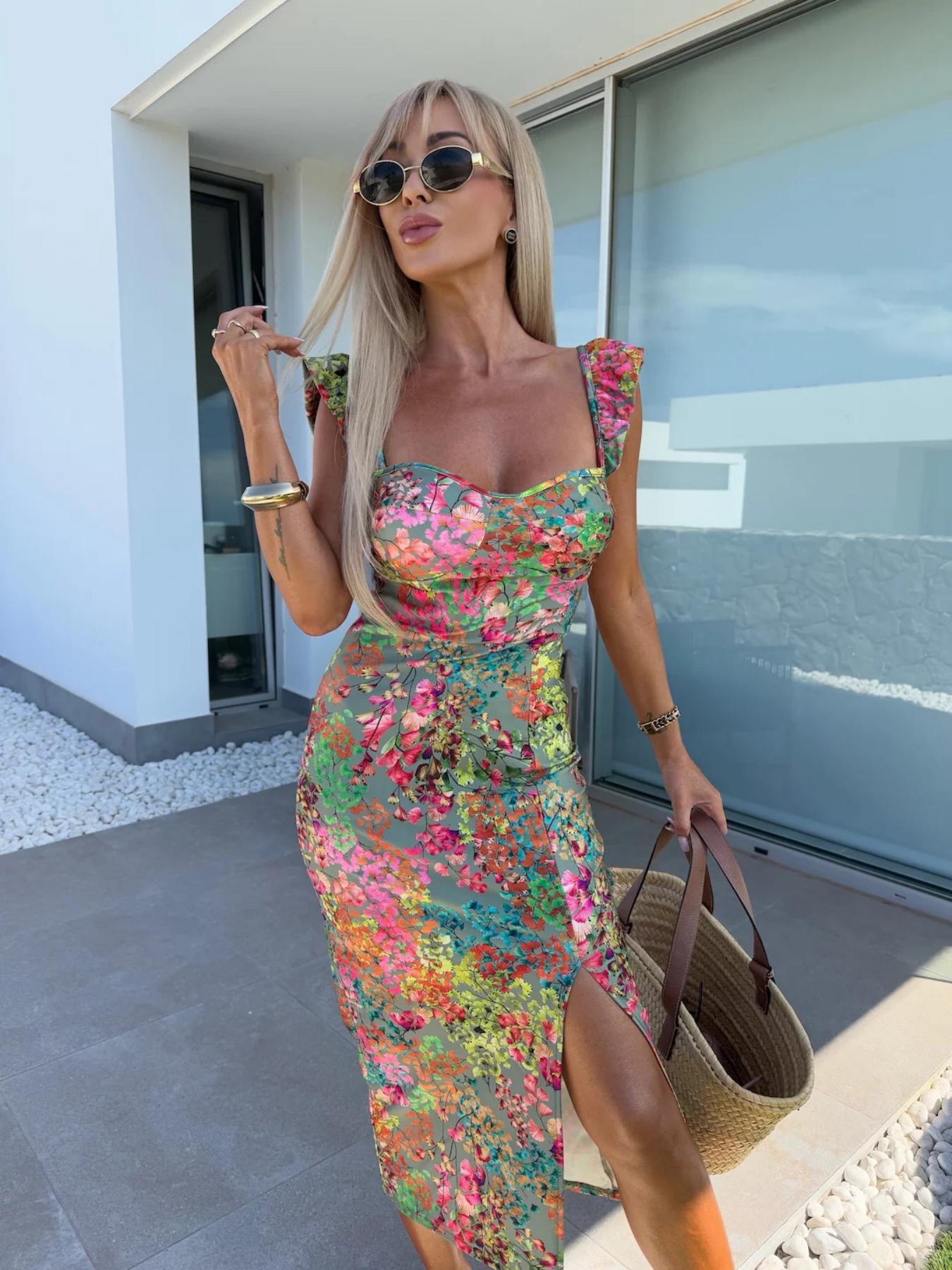 Robe imprimée Boho élégante pour femmes, mode, Slim, écharpe, taille haute, fendue, nouveau Style de vacances, robes mi-longues, été
