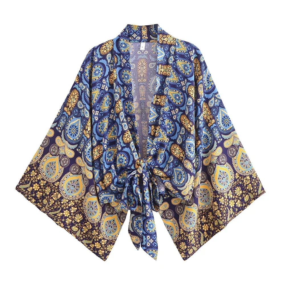 Boho Queens femmes mode Kimono Robe courte 2025 manches chauve-souris florales rayonne bohème Bikini couvrir vêtements de plage