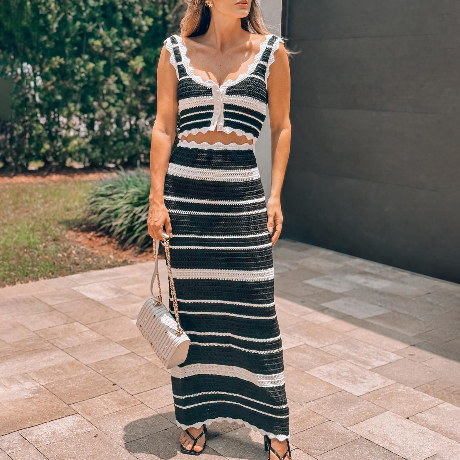 Ensemble Jupe et Haut à Rayures pour Femme, Tenue Élégante, Fermeture à lèvent, Précieux, Taille Haute, Maxi, Chic, Trempé, Été, 2 Pièces