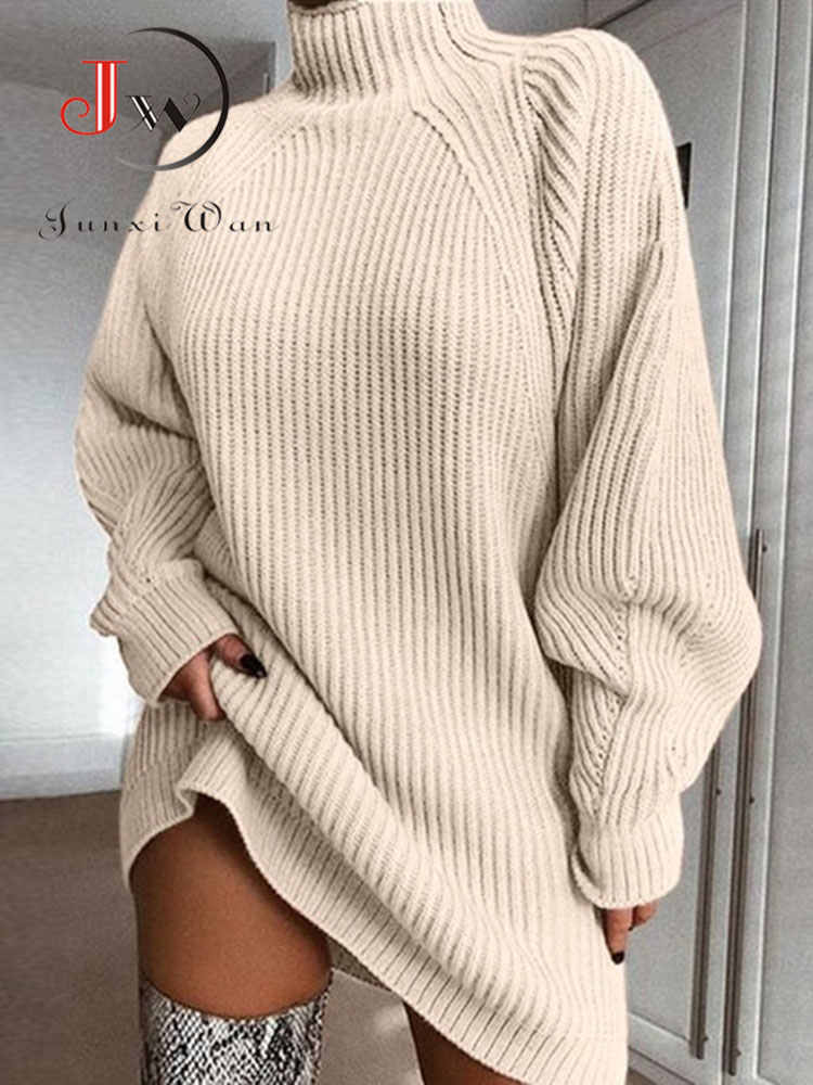 Robe pull à col roulé pour femmes, couleur unie, manches longues, décontractée, élégante, Mini, surdimensionnée, tricotée, vêtements d'hiver, automne