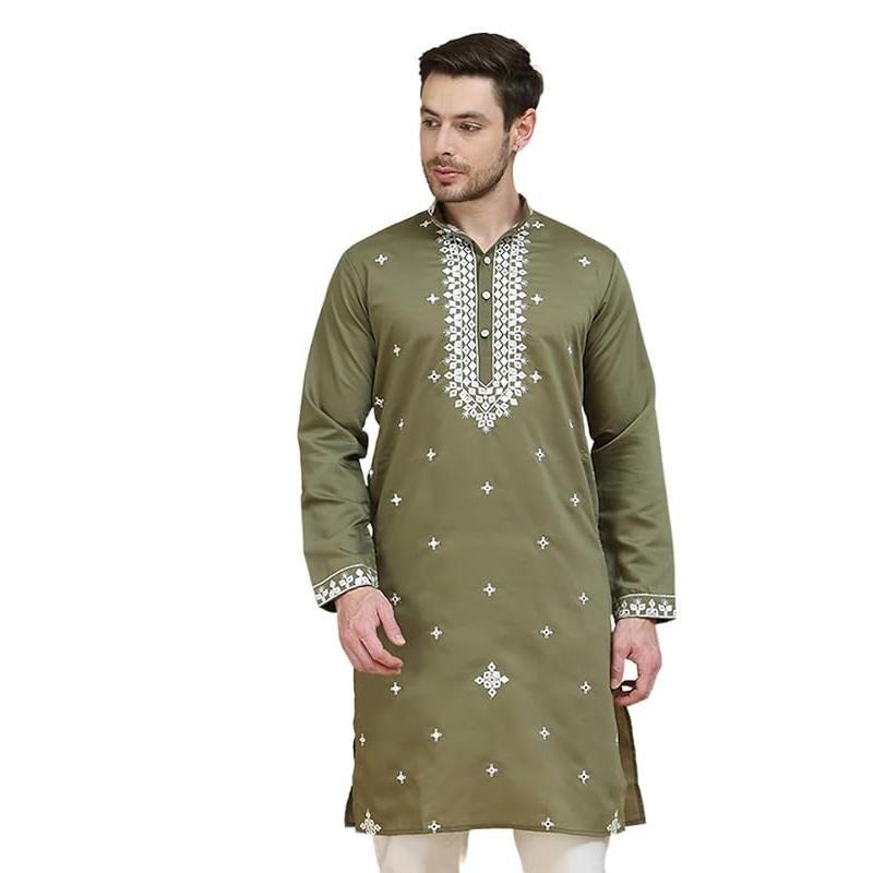 Luxe décontracté islamique arabe Abaya Robe style National imprimé ethnique col montant jeunesse mi-longue chemise manteau hommes musulmans Kurta