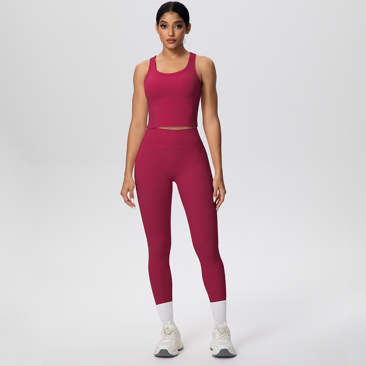Leggings de Sport ensemble de Yoga femmes couleur unie sensation nue débardeur gilet de Yoga séchage rapide pêche fesses poches pantalon ensemble de Yoga