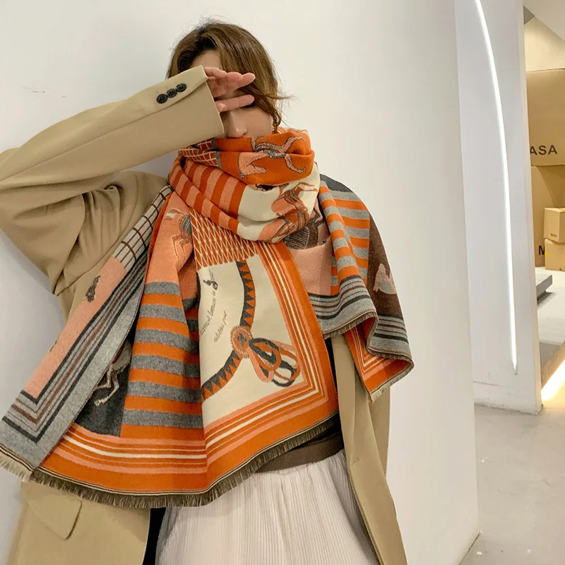 Écharpe de luxe en cachemire pour femme, Design chaud, couverture Pashmina, cheval, châle, épais, Bufanda, nouvelle collection hiver 2024