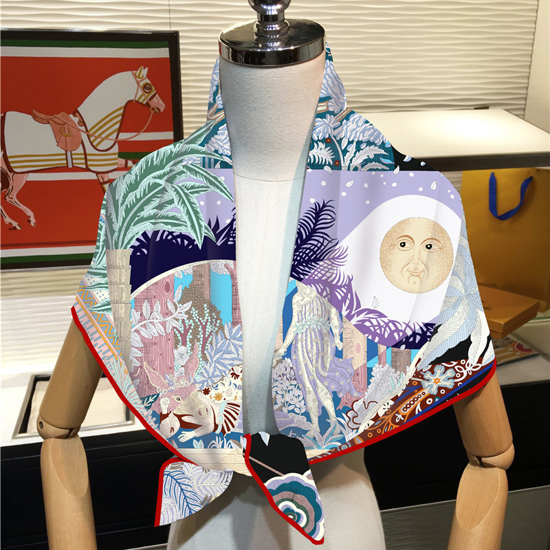 Foulard en soie femmes soleil monde imprimer foulards carrés tête Echarpes Foulards en soie Femme enveloppes plage châle Bandana dame Hijabs 90CM