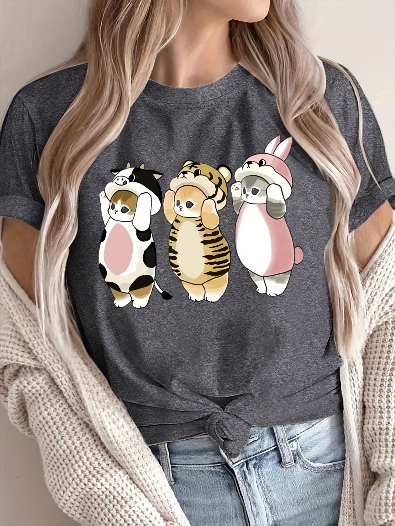 T-shirt à manches courtes imprimé animal de dessin animé mignon pour femme Design décontracté et sportif pour avec un adorable graphique chat chien lapin et ours