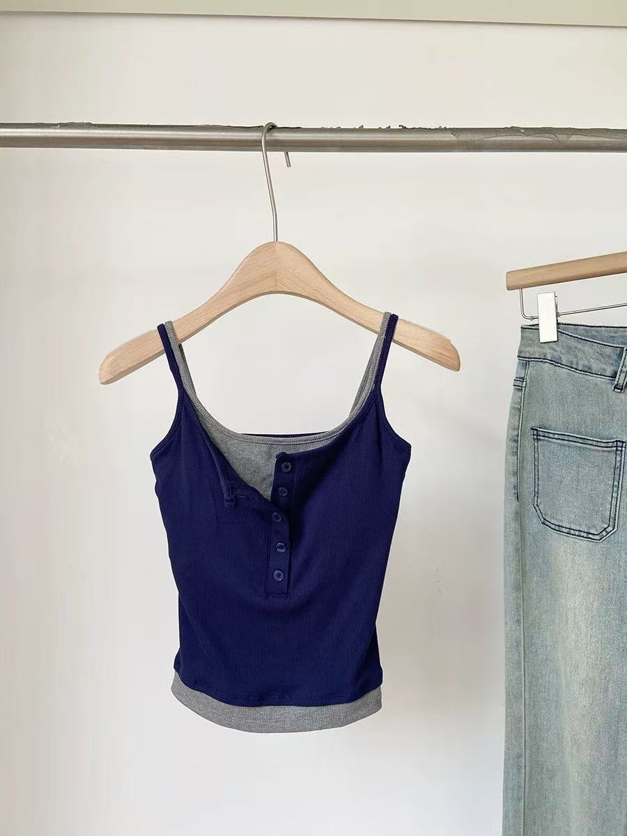 Camisole Faux Deux Pièces Tendance pour Femme Printemps Automne, Coupe Courte Ajustée avec Coussinets de Poitrine, Style Coréen Urbain pour Femme Audacieuse