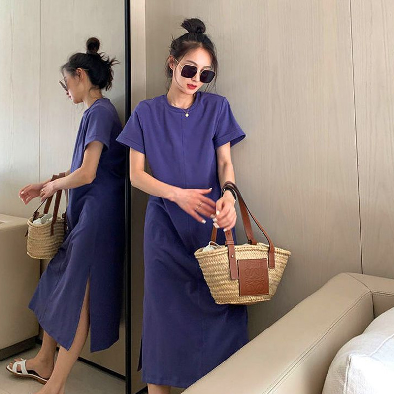 Robe mi-longue à manches courtes et col rond pour femmes, t-shirt dos nu décontracté, robe d'été monochromatique, vêtements tendance de la mode, nouveau document