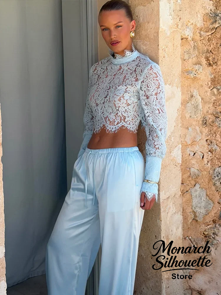 Ensemble 2 pièces pour femme, bleu, col semi-montant, haut en dentelle, pantalon à taille élastiquée avec cordon de serrage et fente arrière, style blouses, pour usage quotidien