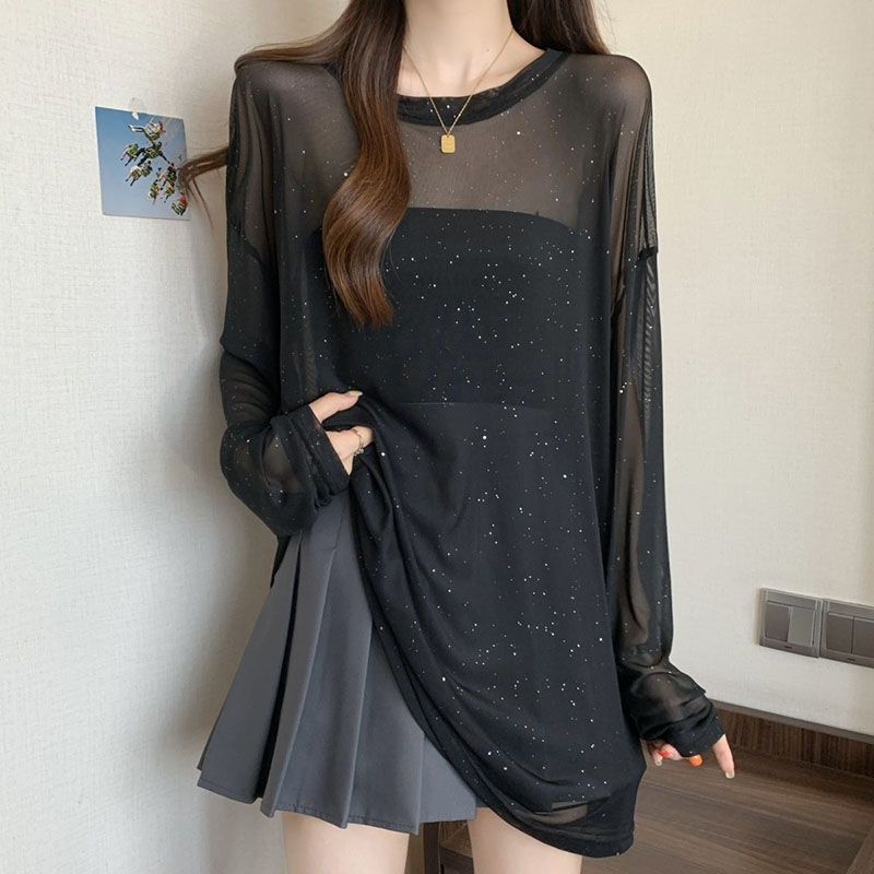 Noir Sexy voir à travers transparent T-Shirts femmes luxe paillettes mince glace soie à manches longues t-shirt été respirant résistant au soleil hauts