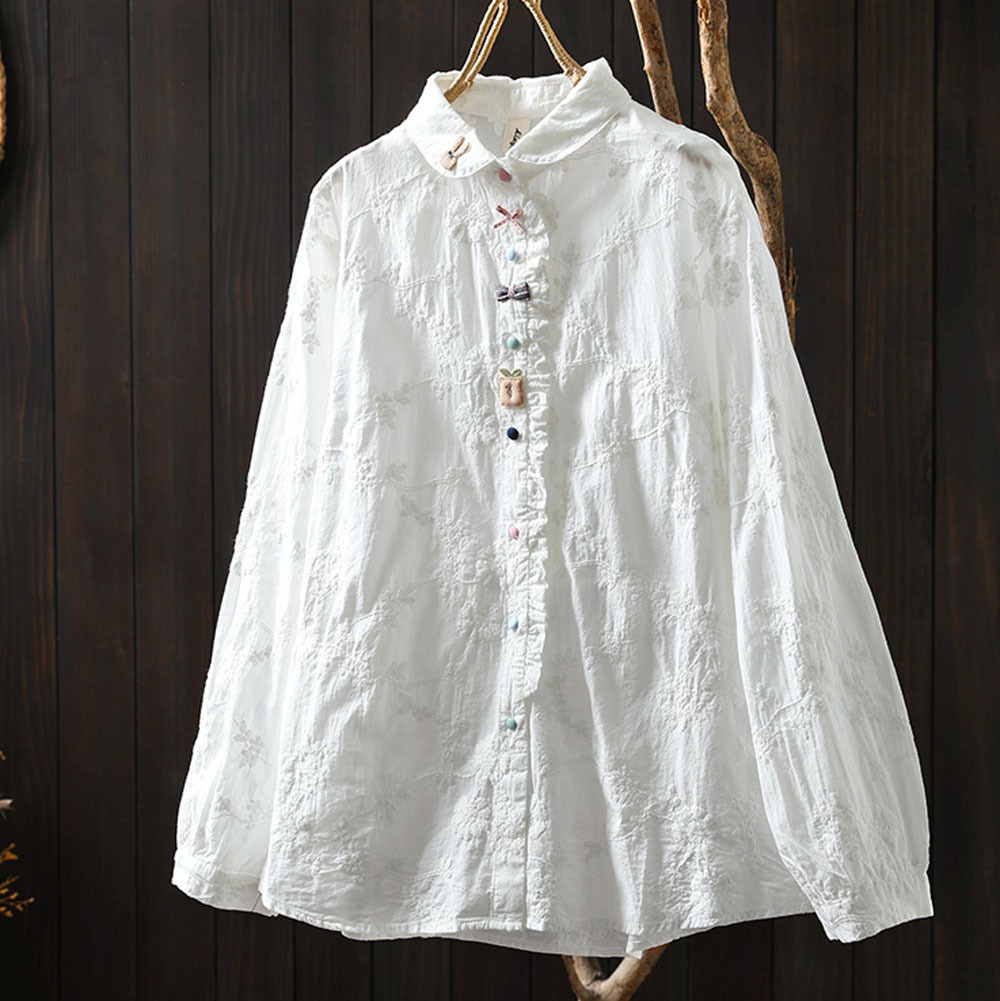 Vêtements vintage japonais 2026, mori kei, printemps, chemises et blouses à col Peter Pan, beige, blanc, dentelle brodée, vêtements mignons