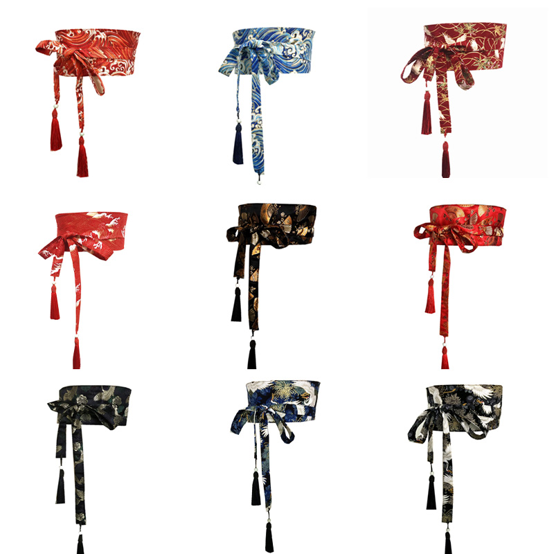 Ceinture Kimono traditionnelle japonaise pour femmes, Corset à pampilles, motif ondulé bleu, large ceinture Yukata grue Haori Obi, ceintures de taille asiatiques