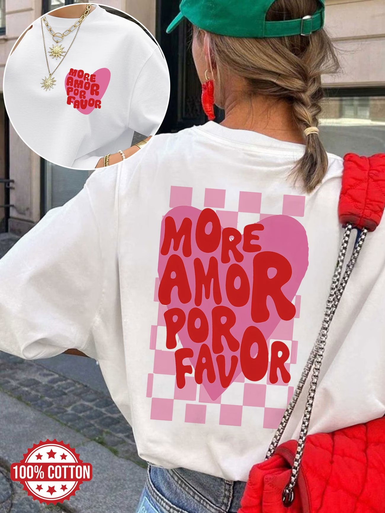 T-shirt ample en coton pour femme, motif 'Amor Por Favor' rétro espagnol, décontracté d'été, style esthétique, vêtements pour femme