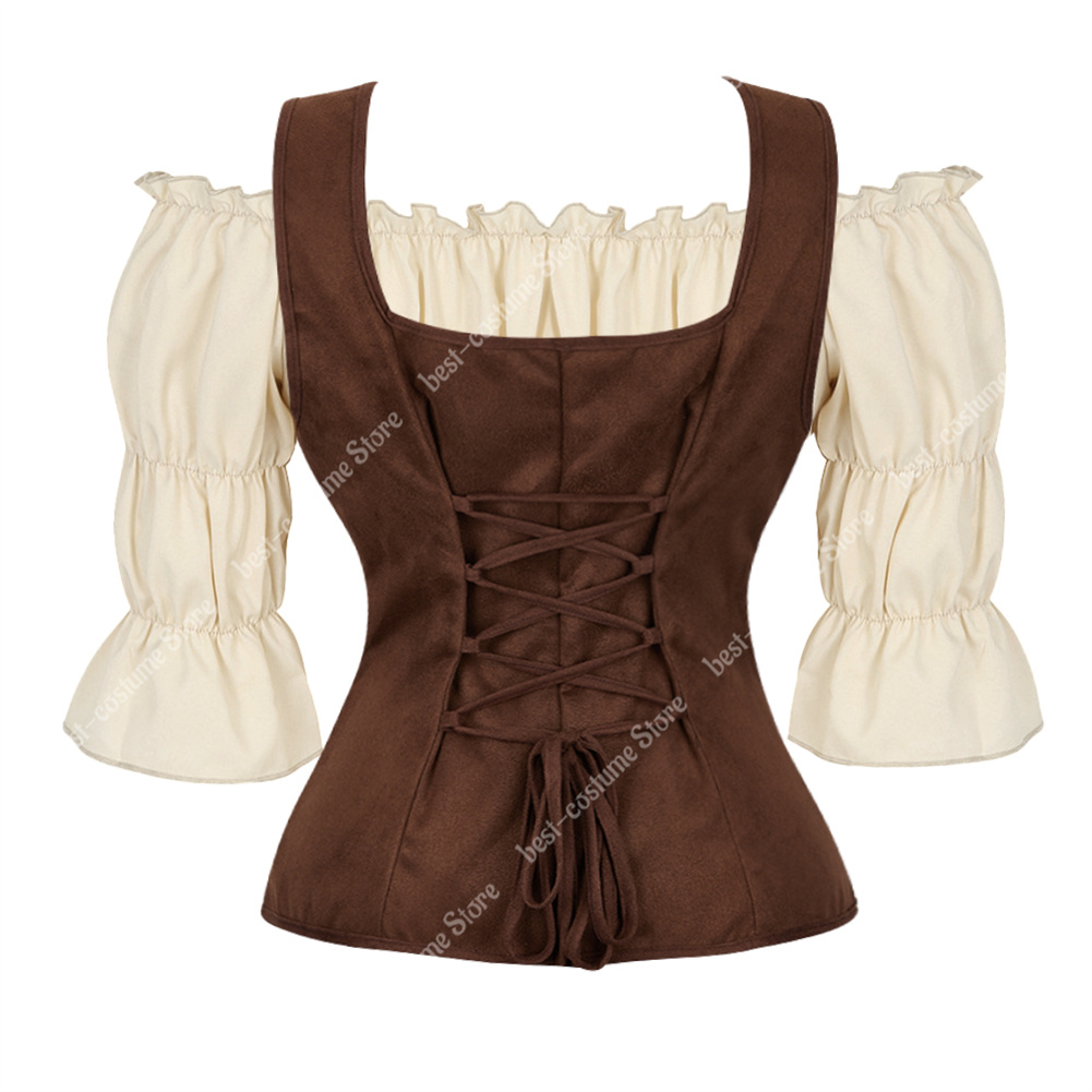 Costume de Pirate pour femmes, gilet médiéval, Cosplay, grande taille, chemisier médiéval, hauts, ensemble 2 pièces, gilet Renaissance, marron, noir, bleu