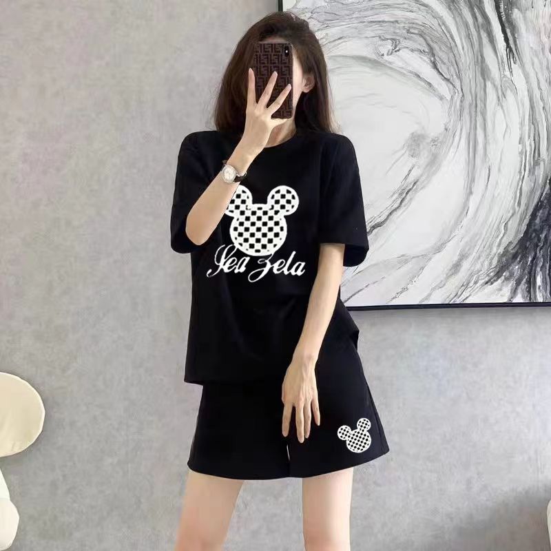 Mode apparaître mince été costume décontracté femmes simplicité bureau dame dessin animé couleur unie coréen à manches courtes Shorts deux pièces ensemble