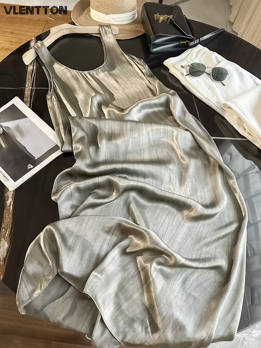 Nouvelle Robe Midi en Satin Tendance 2026 pour Femme, Robe Longue de Soirée Élégante et de Haute Qualité sans Manches pour Dames