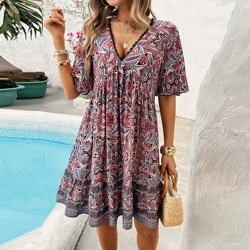Robe d'été à imprimé floral pour femmes, décontractée, manches courtes, col en V, A-ligne, adt, robes de vacances de plage pour femmes, robe courte