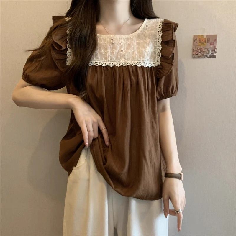 Chemisier patchwork à volants pour femmes, décontracté, manches courtes, grande taille, coréen, mode, vêtements pour femmes, été, nouveau
