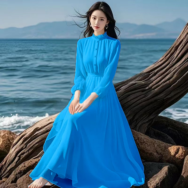 Printemps été femmes robe 2025 nouveau bohème plage longues robes en mousseline de soie dames élégantes manches longues robe d'été mince dames robes
