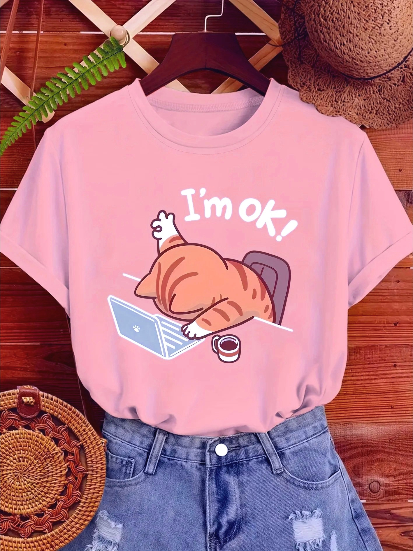 T-Shirt manches courtes col rond femme, mignon, avec image de chat «je suis OK», décontracté, élégant, Design de chat endormi, imprimé de chat de dessin animé