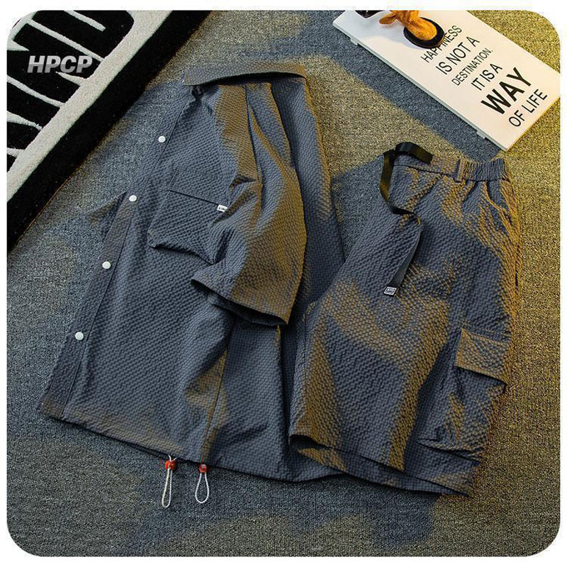 Texture Ice Silk Workwear Suits Men Short sleeve Shirt And Shorts Two-piece Set Summer Cool Quick Drying Loose Outfits Oversize