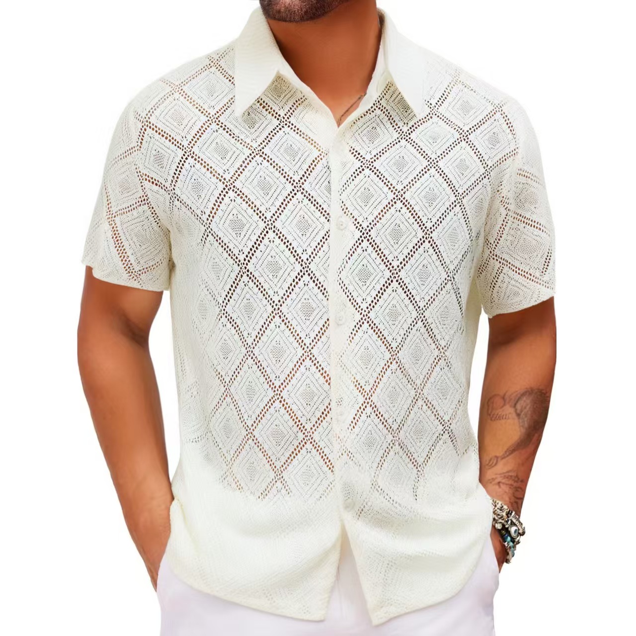 2025 mode d'été hommes chemise maille dentelle Transparent hauts Streetwear revers manches courtes bouton Camisas fête Sexy hommes vêtements