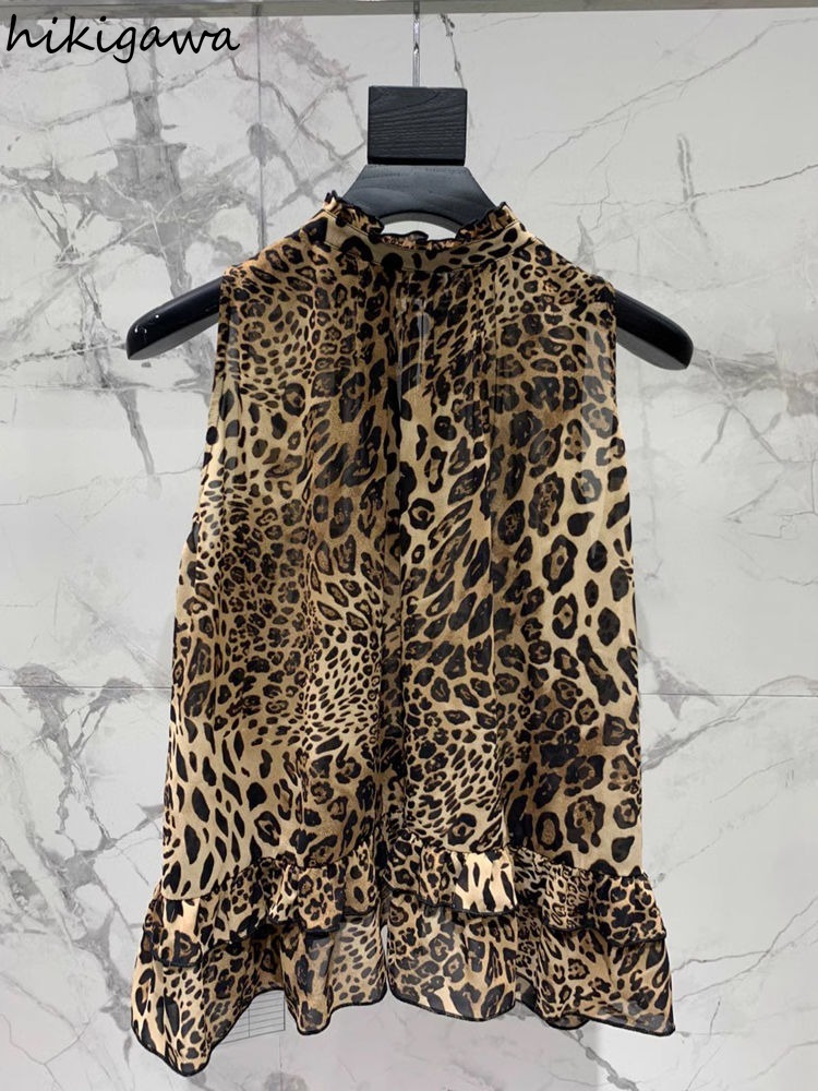 Chemisier imprimé léopard pour femmes en mousseline De soie sans manches chemises amples 2025 Blusas Mujer De Moda tempérament hauts Chic Blouses d'été