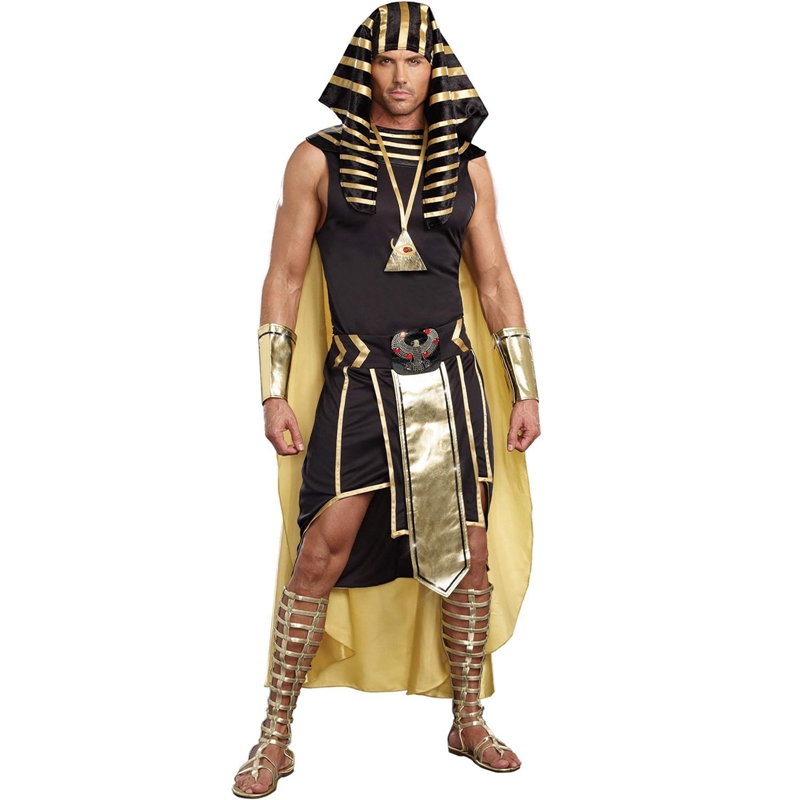 Ensemble de costumes égyptiens pour hommes, 7 pièces, garniture dorée, débardeur, jupe, manches de bras, couvre-chef, collier, tenues de Cosplay d'halloween