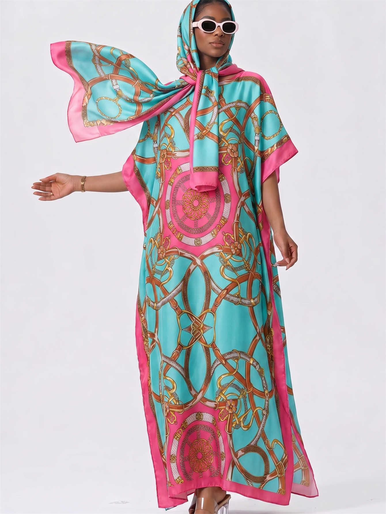 Kaftan Abaya musulman pour femmes avec hijab assorti, imprimé chaîne, robe maxi ample à manches chauve-souris, ensemble de robe longue pour femmes malaisiennes